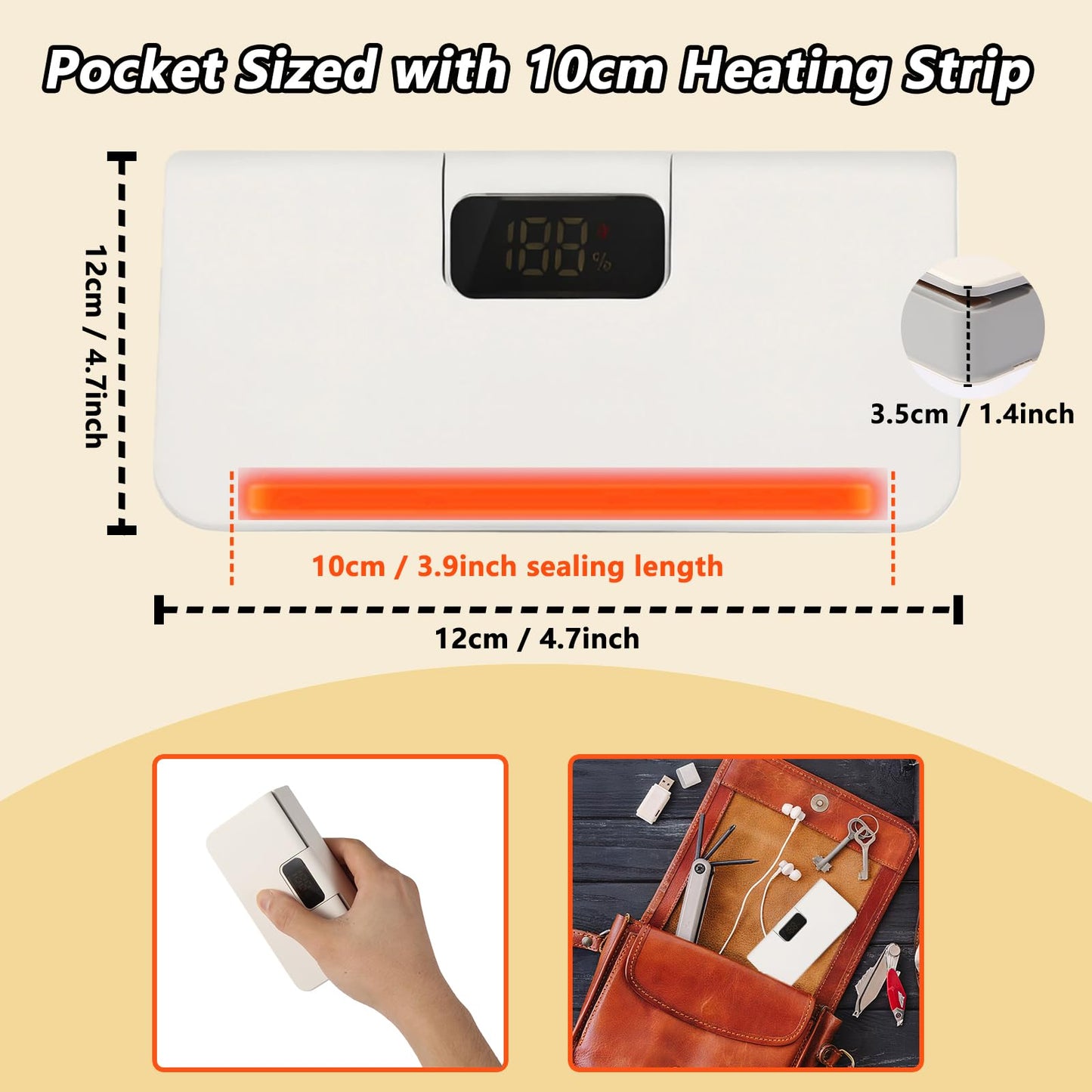 Syaws Mini Bag Sealer,Rechargeable Sealer Machine with LED Power Display,Heat Sealer and Cutter with 6 Adjustable Gears,Portable Bag Resealer for Chips Snacks Mylar Bags (White)