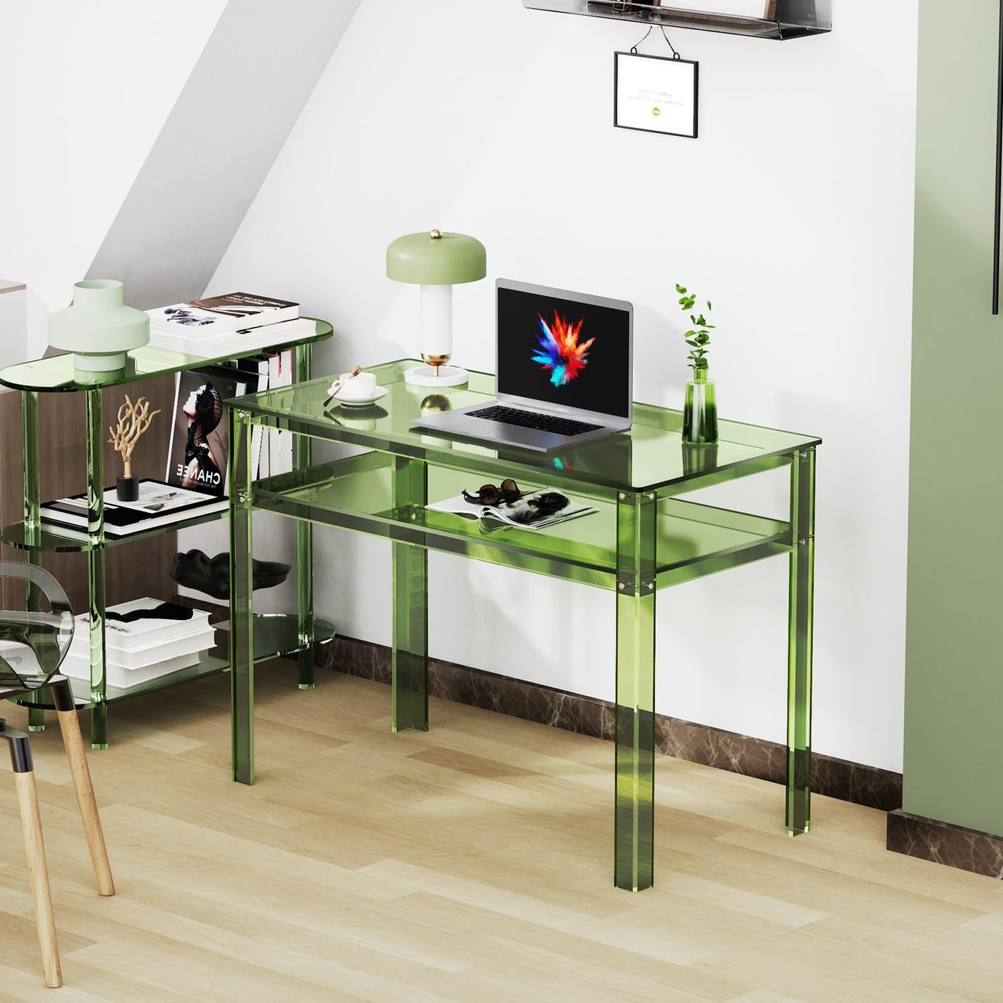 solaround Clear Acrylic Desk with Open Storage, Home Office Computer Writing Desk Office Study Table (Green, 39.4'' x 19.7'' x 29.5'')
