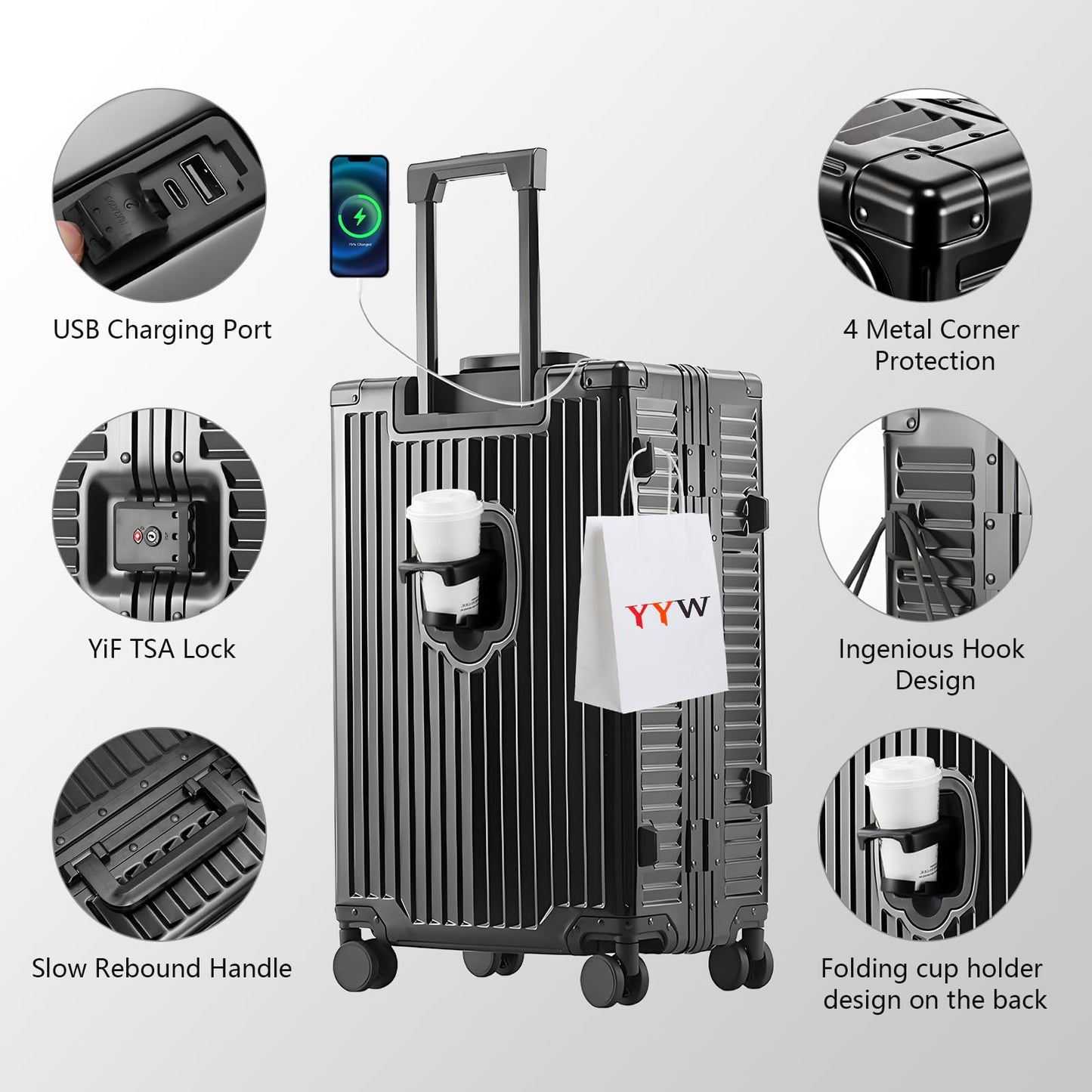 YYW All Aluminium Luggage With Spinner Wheels Lightweight PC hardside Rolling Suitcase, Built-In TSA lock Carry on Suitcase, with Cup Holder, USB Port, Phone Holder (Gray,20inch/35x23x55cm)