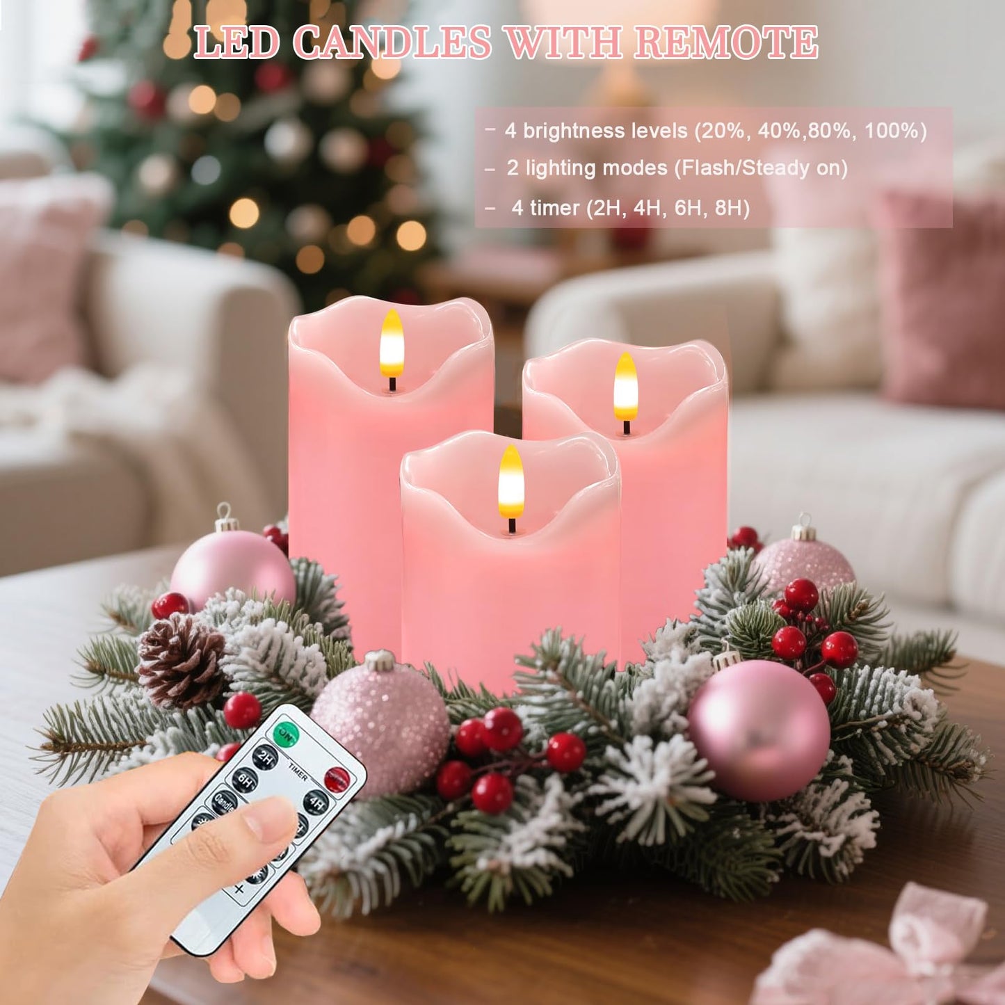 VEEKI Flameless Candles Light, Set of 3 Flickering LED Candle with Remote & Timer, Dimmable Electric Pillar Candles Battery Operated, Pink Candles for Valentine's Day Xmas Home Decor (3PC)