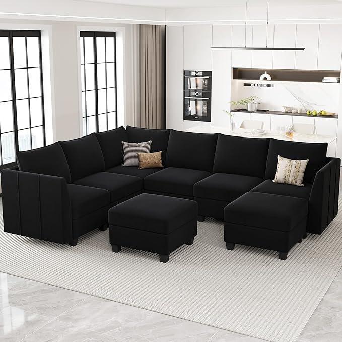 Belffin Modular Sectional Sofa U Shaped Couch with Storage Ottoman Velvet Sectional Couch for Living Room, Black