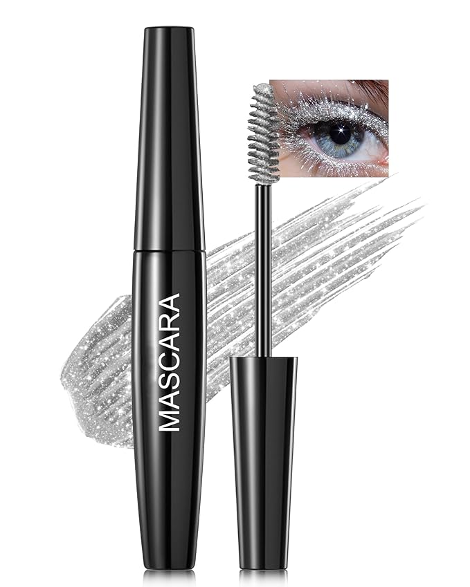 Silver Glitter Mascara for Eyelashes, Waterproof Diamond Sparkle Colored Mascara Volume and Length, Washable Define Long L...