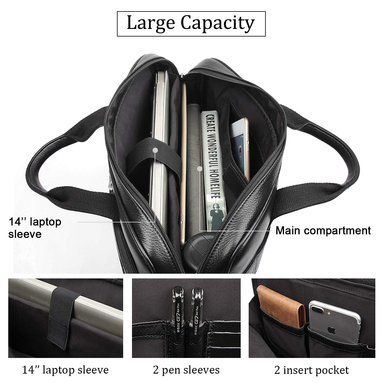 Augus Leather Briefcase for Men 16 inch laptop Bag Genuine Leather YKK Zipper Messenger Shoulder Bag for Work Black