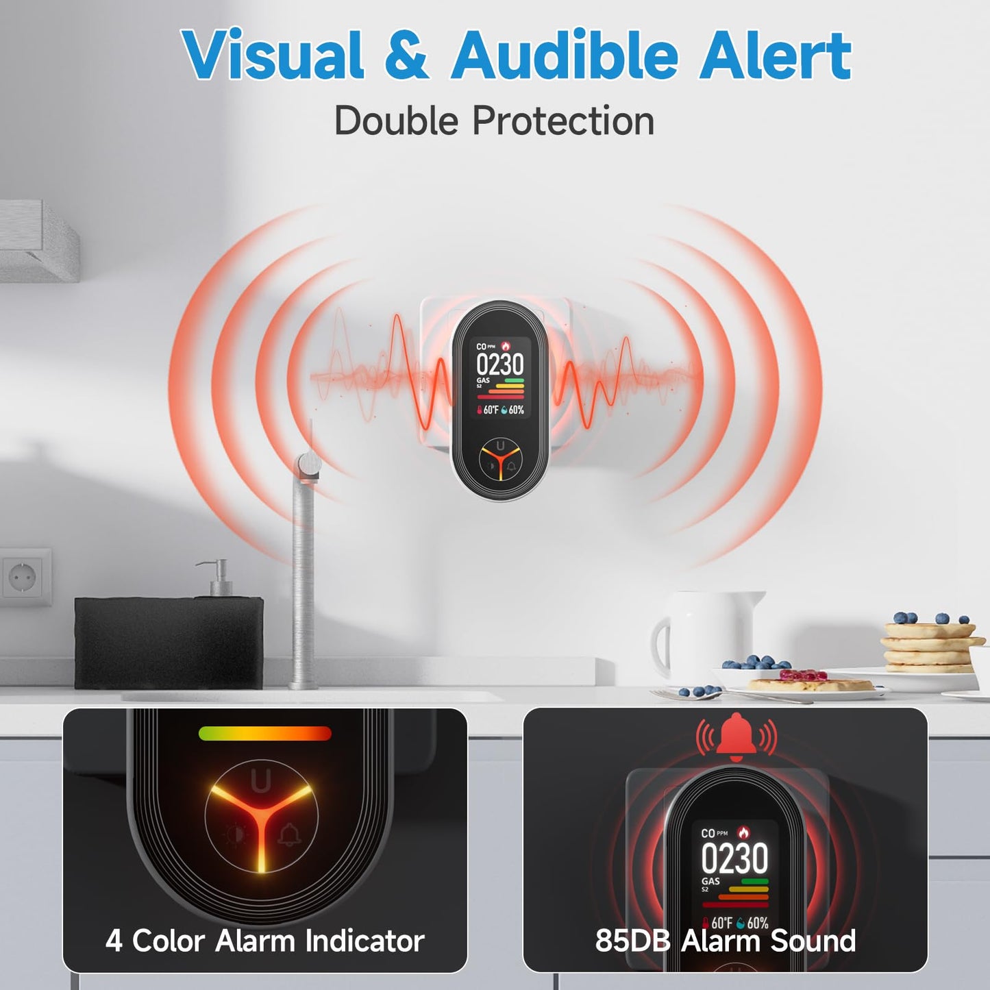 Travel Carbon Monoxide Detectors Plug in: Plug and Play C0 Monitor for Home - Portable 4-in-1 Natural Gas and Carbon Monoxide Alarm with Temperature(°F) & Humidity for RV Hotel - 1 Pack