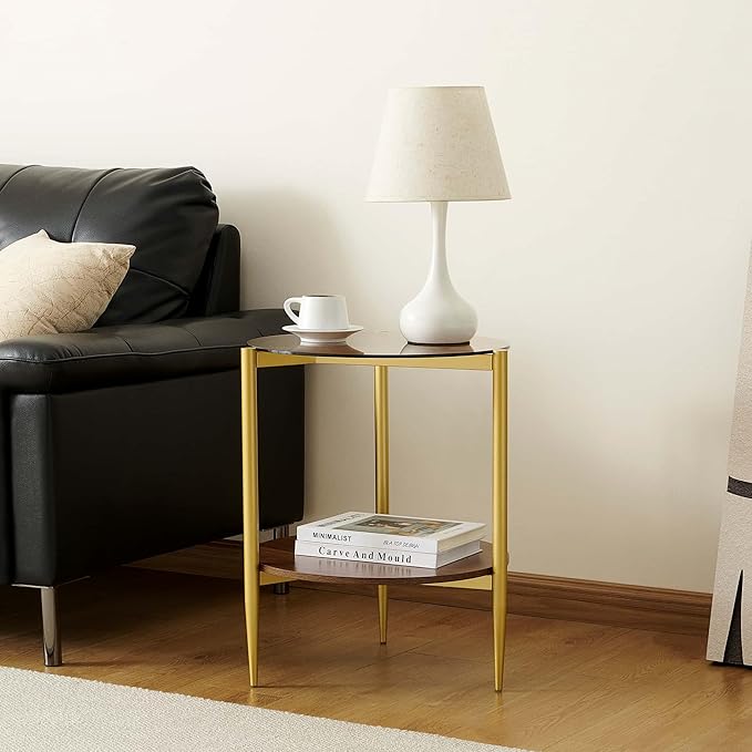 Pine Flicker Round End Table, Mid-Century Modern Design, D20*H23 inch, for Living Room, 2-Tier Structure, Amber Glass Top and Walnut MDF Shelf, Sleek Conical Metal Legs with Gold Finish
