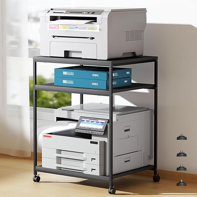 Vokumba Large Printer Stand with Wheels, 3 Tier Printer Table for Home Office, Rolling Printer Cart with Adjustable Storage Shelf for Shredder Scanner Fax (Black)