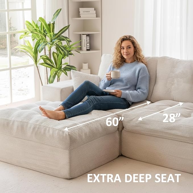 NAYA 106” Modular Sectional Sofa, Cloud Sectional Couch with Deep Seat, Modern Modular L-Shape Sofa Boneless Couch with Chaise for Living Room Bedroom (Beige, Cloudy Sofa with Left Facing Chaise)
