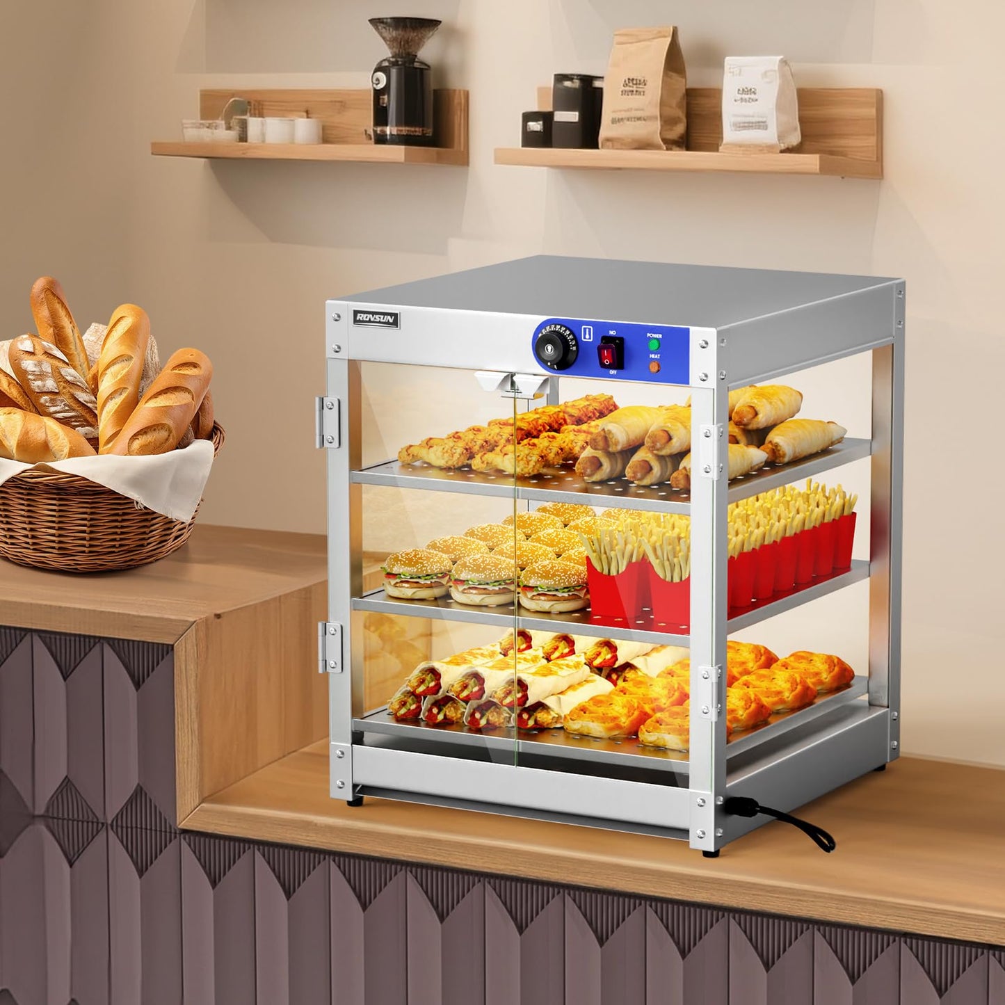 ROVSUN 3-Tier Commercial Food Warmer, Pizza Warmer Food Warmer Display with LED Lighting Removable Shelves Glass Door, Countertop Electric Food Warmer for Buffet Restaurant 110V 800W