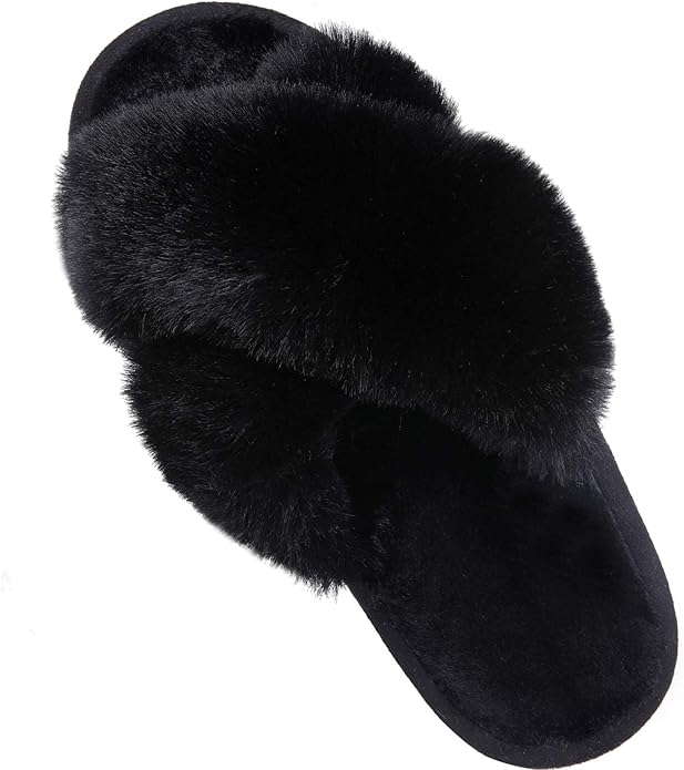 Comwarm Women's Cross Band Fuzzy Slippers Fluffy Open Toe House Slippers Cozy Plush Bedroom Shoes Indoor Outdoor