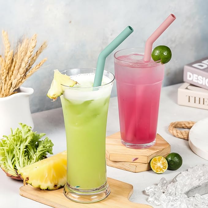NiHome 6-Pack Reusable Bent Silicone Straws for Boba, Smoothies, Bubble Tea, 0.425" Eco-Friendly Bent Straws for Thick Drinks, Child-Safe, Customizable Length, 2 Brushes Easy Cleaning (Macaron)