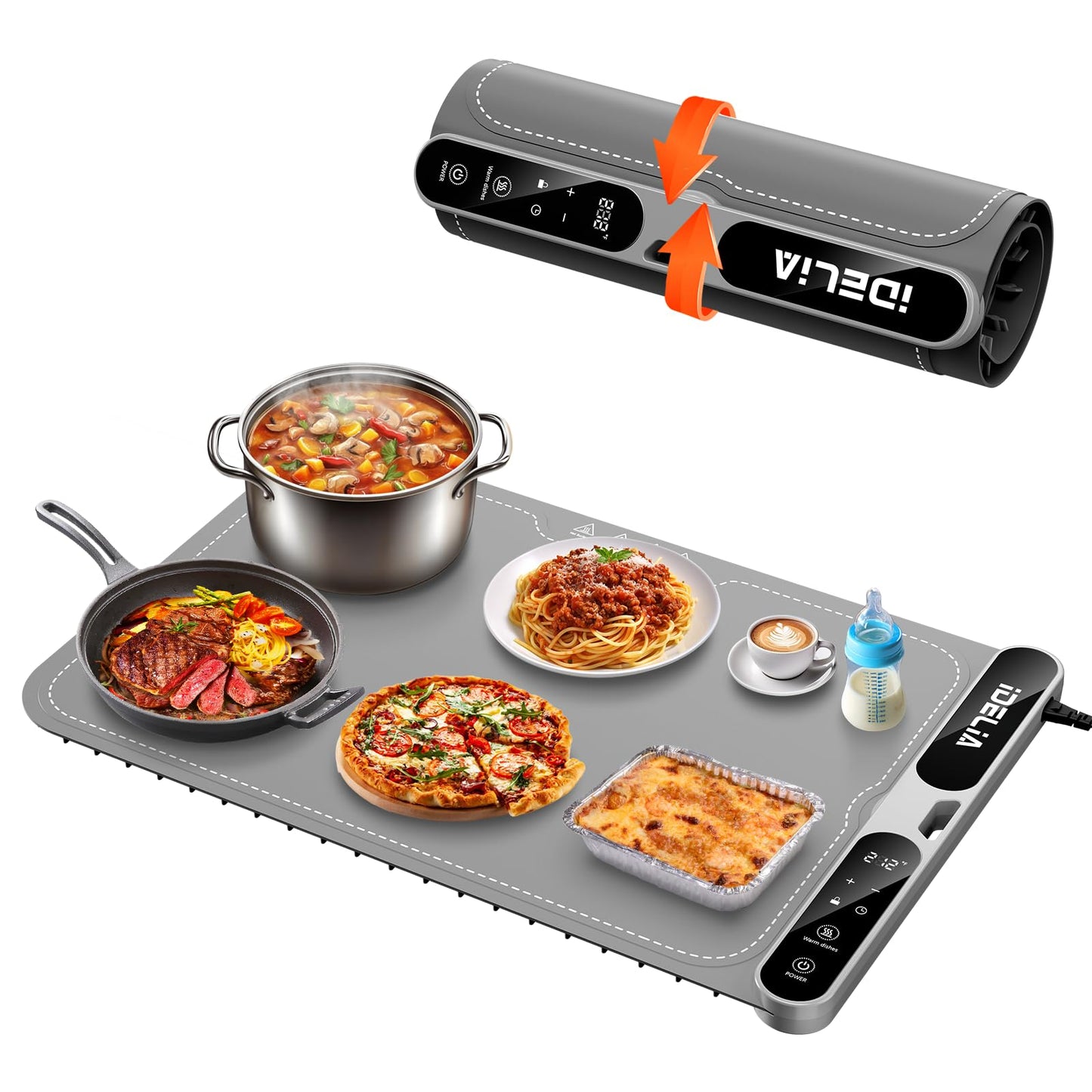 Food Warming Mat Electric Heating - Portable Silicone Warming Tray with 7 Temperature Settings and 8 Hours Timer for Party Buffet Home Travel Kitchen (23.6"x15",Gray)