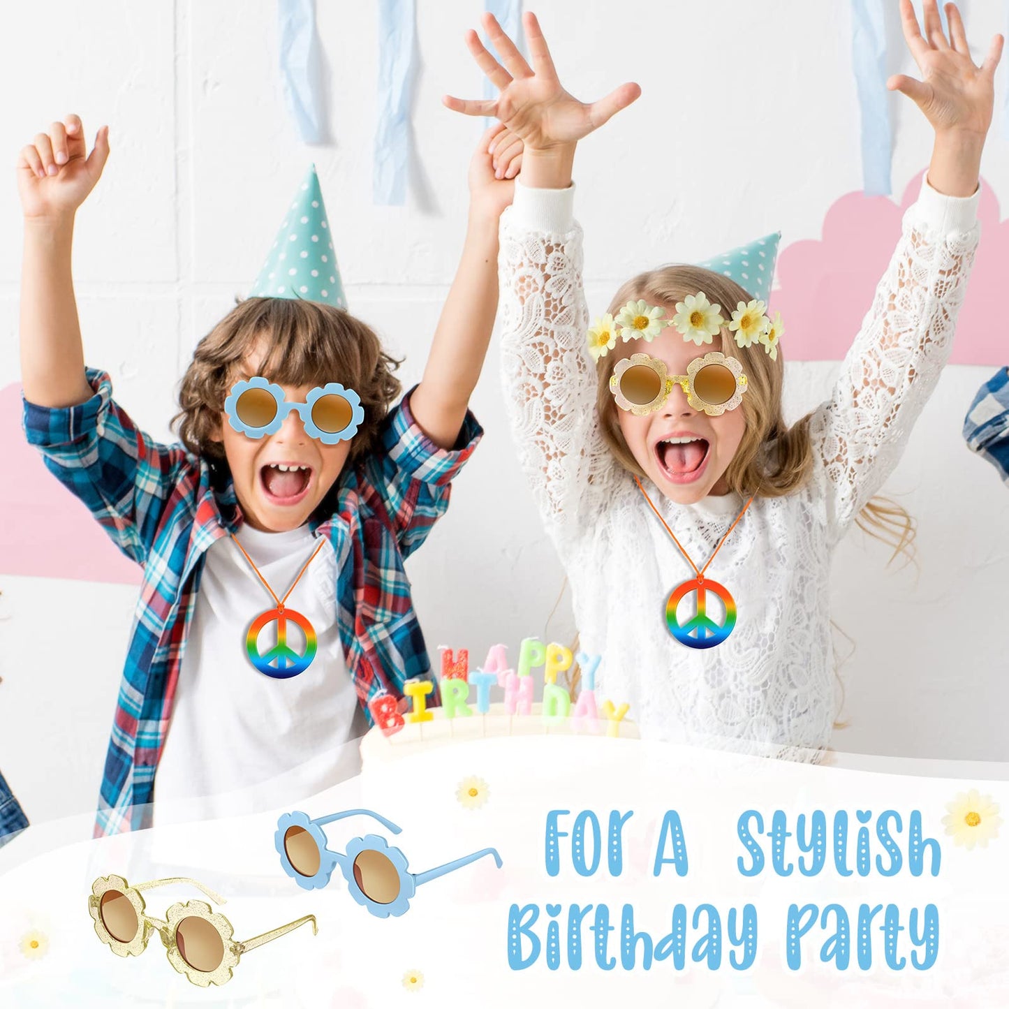 Cindeer 36 Pcs Retro Flower Sunglasses Daisy Flower Headbands Peace Sign Necklace Set, Groovy Party Decorations Hippie Costume Accessories 60s 70s Party Favors for Kids