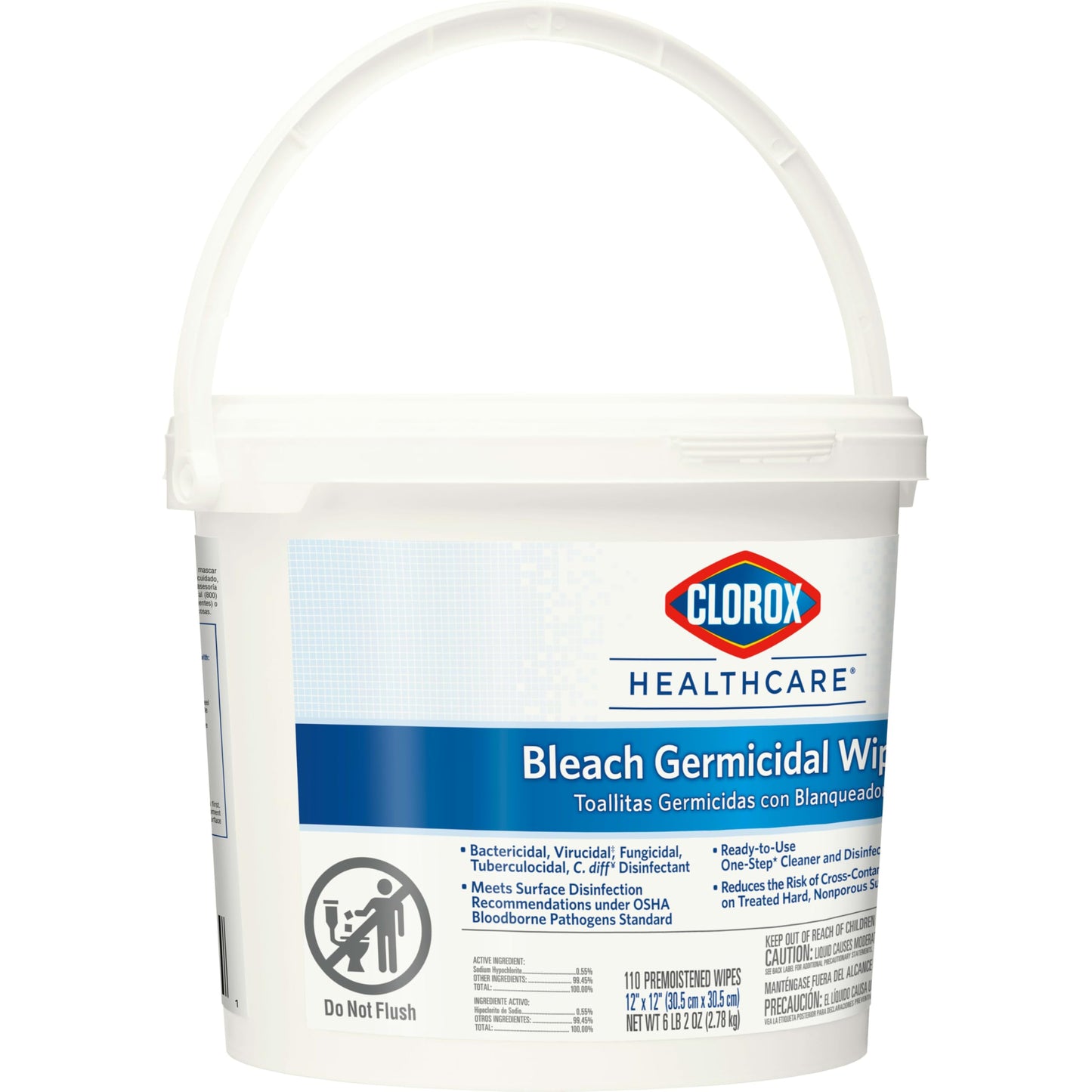 Clorox Healthcare Bleach Germicidal Wipes Bucket, 12" x 12", 110 Count Bucket (Package May Vary)