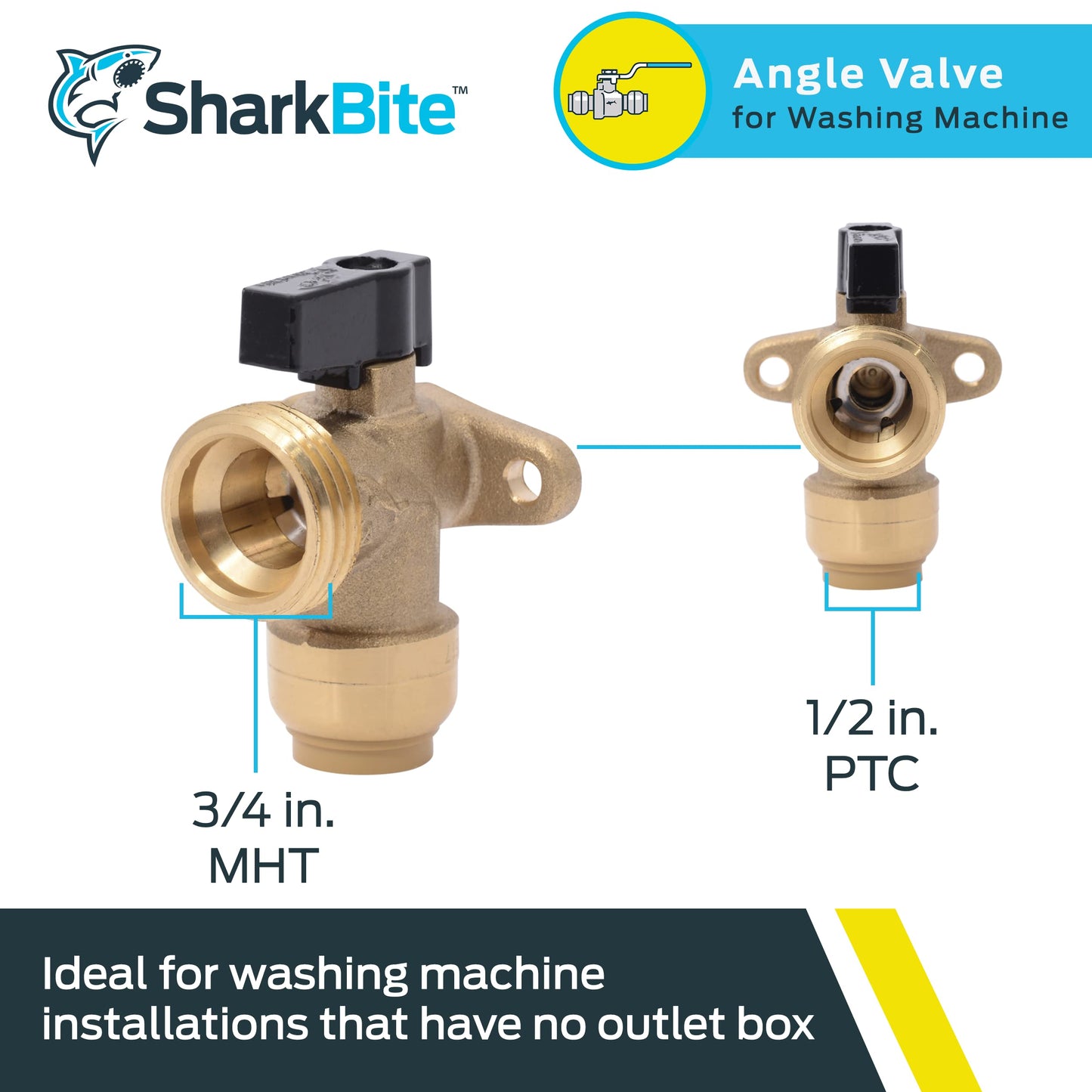 SharkBite 1/2 Inch x 3/4 Inch MHT Washing Machine Angle Valve, Push To Connect Brass Plumbing Fitting, PEX Pipe, Copper, CPVC, PE-RT, HDPE, 25560LF