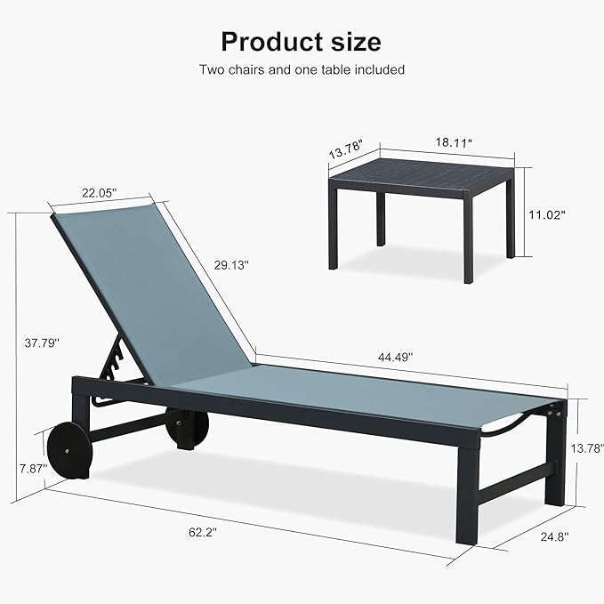 PURPLE LEAF Patio Lounge Chair Set for 2 Outdoor Chaise Lounge with Adjustable Backrests and Wheels Aluminum Reclining Pool Chair for Outside Yard Poolside Table Included, Teal