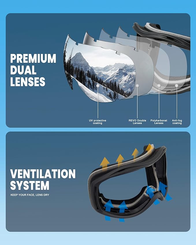 AVV Ski Goggles UV Protection, Anti-Fog Snowboard Snow Goggles OTG for Men Women Adults & Youths