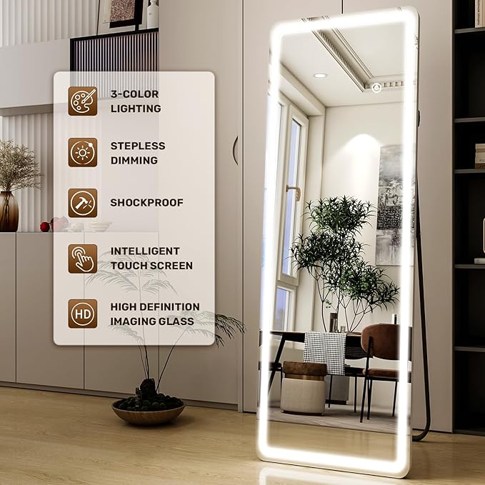 Full Length Mirror - 16" x 60" Mirror Full Length with LED Lights Adjustable Screen Brightness, Wall Mounted or Freestanding, Full Body Mirrors for Bedroom, Living Room, Cloakroom,Salon