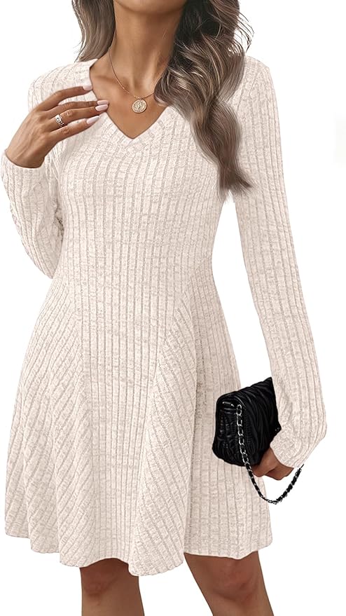 AUTOMET Womens Sweater Dresses Winter Long Sleeve Fall Fashion 2026 V Neck A-Line Flowy Mini Casual Dress Comfy Work Clothes