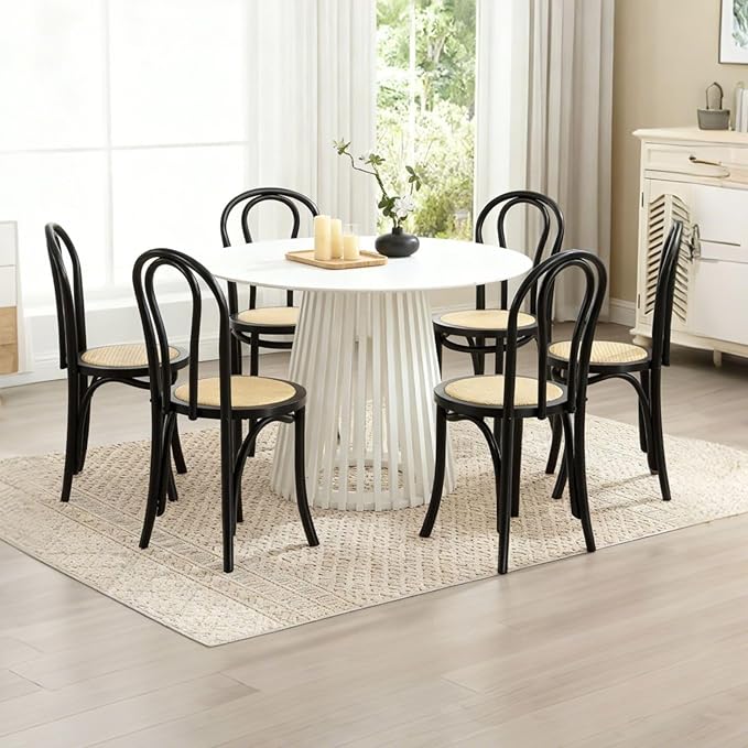 DM Furniture Solid Wood Dining Chairs Set of 6 Mid-Century Modern Rattan Dining Room Chairs with Backrest Bentwood Side/Desk Chairs for Dining/Living Room,Home No Assembly Required, Black Wood