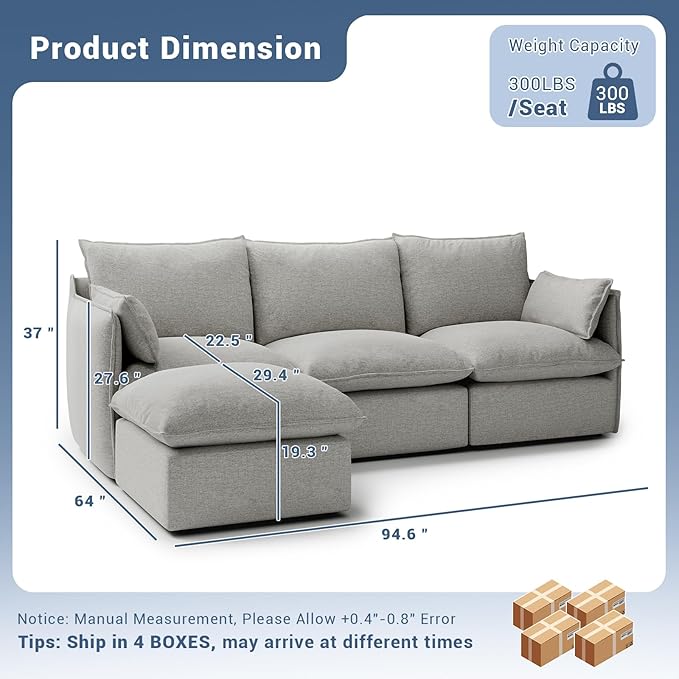 Lopzeho 94.6" Cloud Modular Sectional Sofa, Waterproof Down Filled Sectional Sofas, High Backrest L Shaped 3 Seater Sectional Couches with Ottoman, Modular Couch with Removable Cover, Light Gray