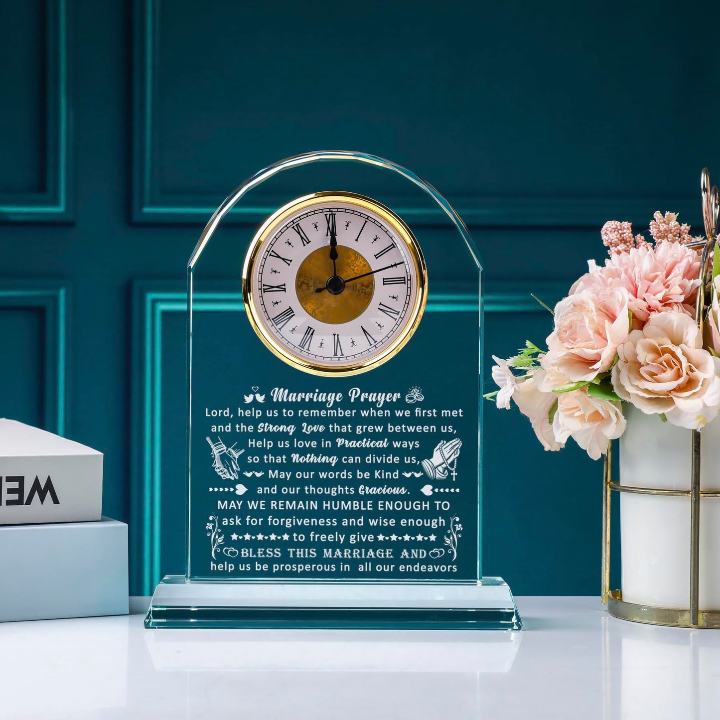 QIANRUNA Wedding Gifts for Couples 2025, Engagement Gifts for Couples, Newlyweds, Bridal Shower Gifts for Bride to Be, Anniversary Marriage Prayer Mr and Mr Glass Clock Gifts