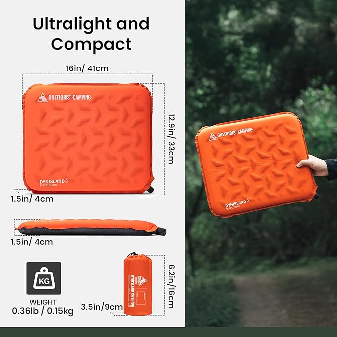 ONETIGRIS Inflatable Seat Cushion - Lightweight & Waterproof Inflatable Camping Seat Cushion Travel Cushion Stadium Seat Office Chair Car Pad