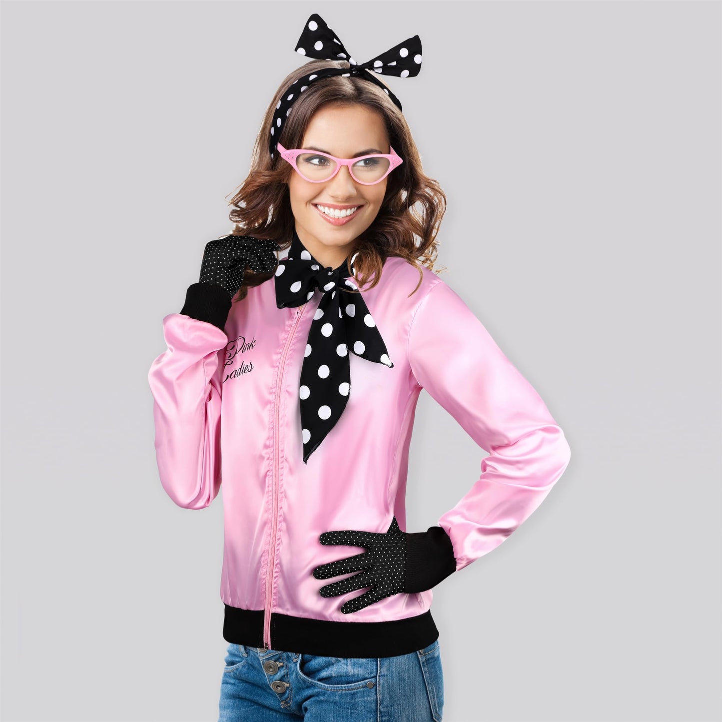 AOTHSO 1950s Pink Satin Jacket with Polka Dot Scarf Headband Earrings Glasses Halloween Cosplay Costume for Women, 8 Pieces