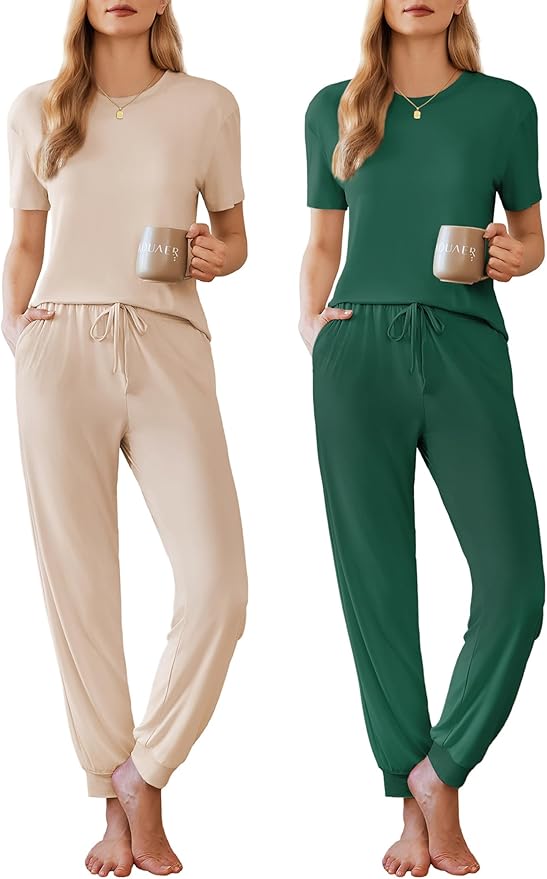 Ekouaer Pajamas for Women Set 2 Pack Lounge Set Short Sleeve Pjs Joggers Long Pants Loungepwear with Pockets