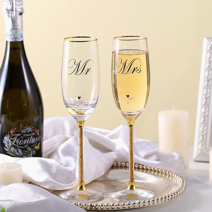 DUJUST Crystal Glass Wedding Champagne Flutes, Mr & Mrs Champagne Glasses with Handcrafted Gold Rim & 24K Gold Leaf Flake...