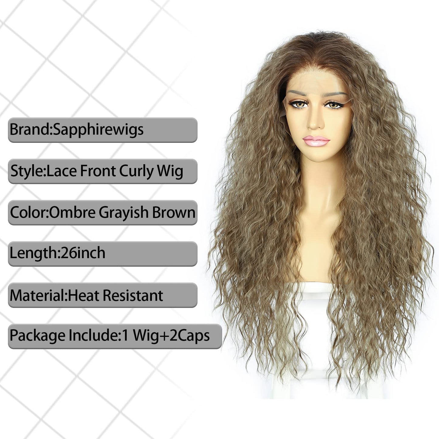 SAPPHIREWIGS Curly Lace Front Wigs For Black Women Long Loose Deep Curly Grayish Brown Heat Resistant Pre Plucked Natural Hairli