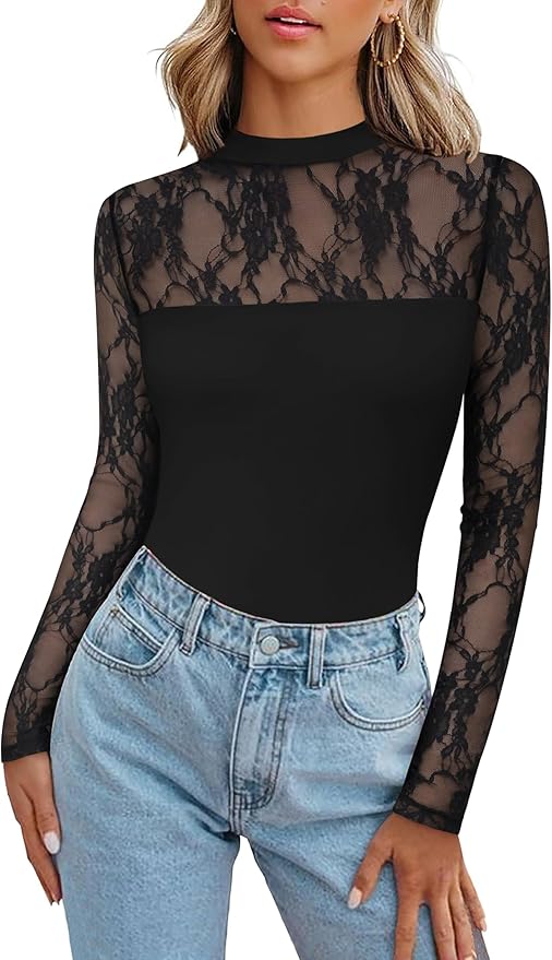 Zeagoo Long Sleeve Shirts for Women's Lace Tops Mesh Sheer Crew Neck Shirts Sexy Fall Going Out Blouse