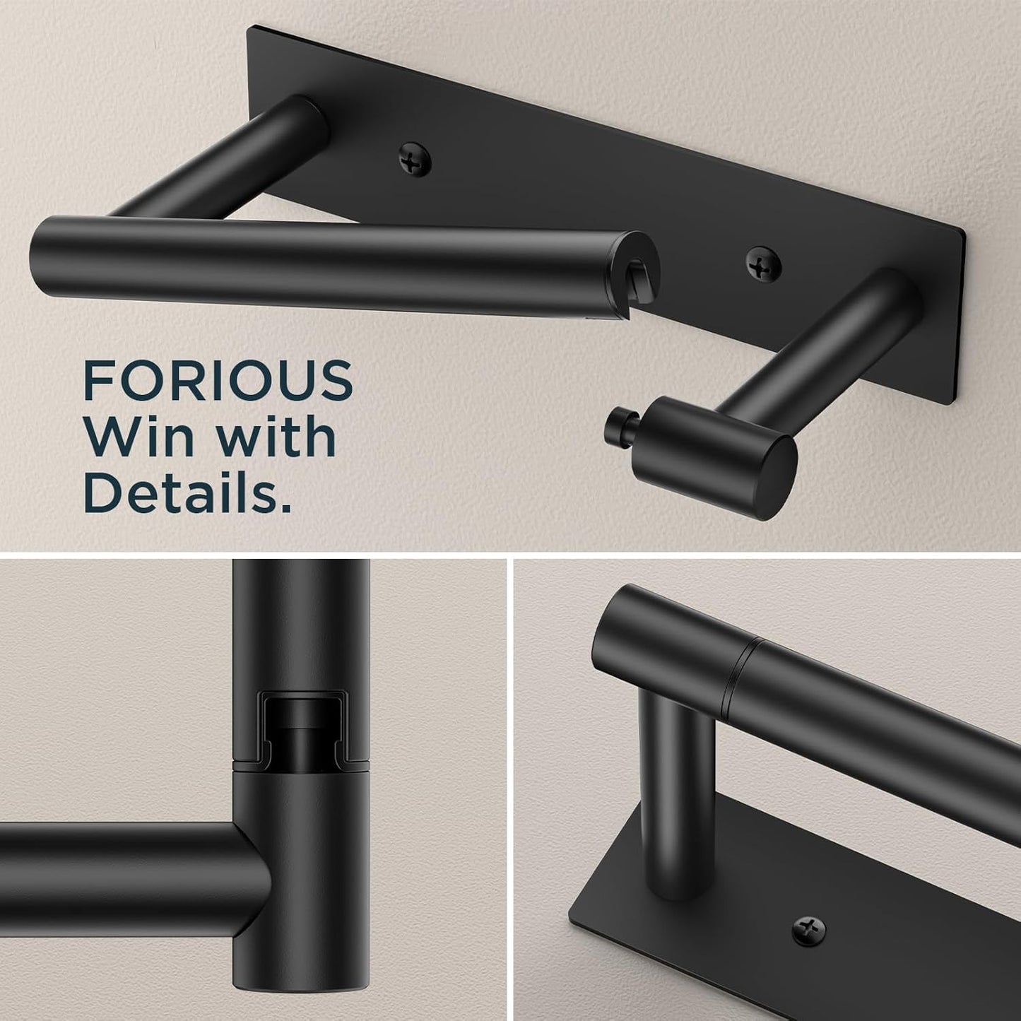 FORIOUS Black Toilet Paper Holder, Adhesive or Wall Mounted Options, Stainless Steel Rustproof Stick on no Drilling Double Post Pivoting Toilet Tissue Roll Holder Wall Mount for Bathroom, Matte Black