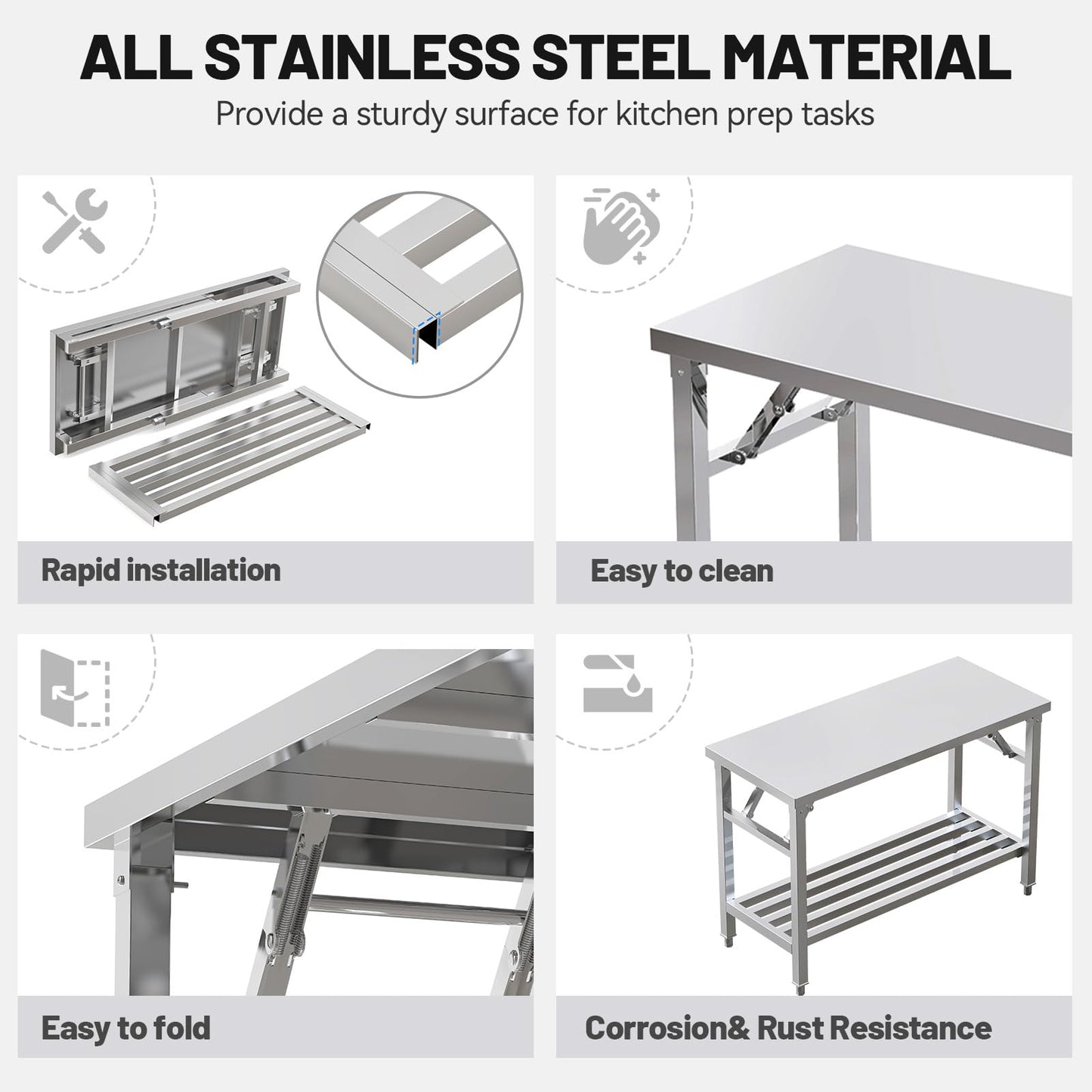 PurezmMoto Folding Stainless Steel Table with Adjustable Table Corners and Lower Removable Shelf 20X45 Inches for Outdoor Camping, Maintenance Room, Storage, Kitchen (with undershelf)
