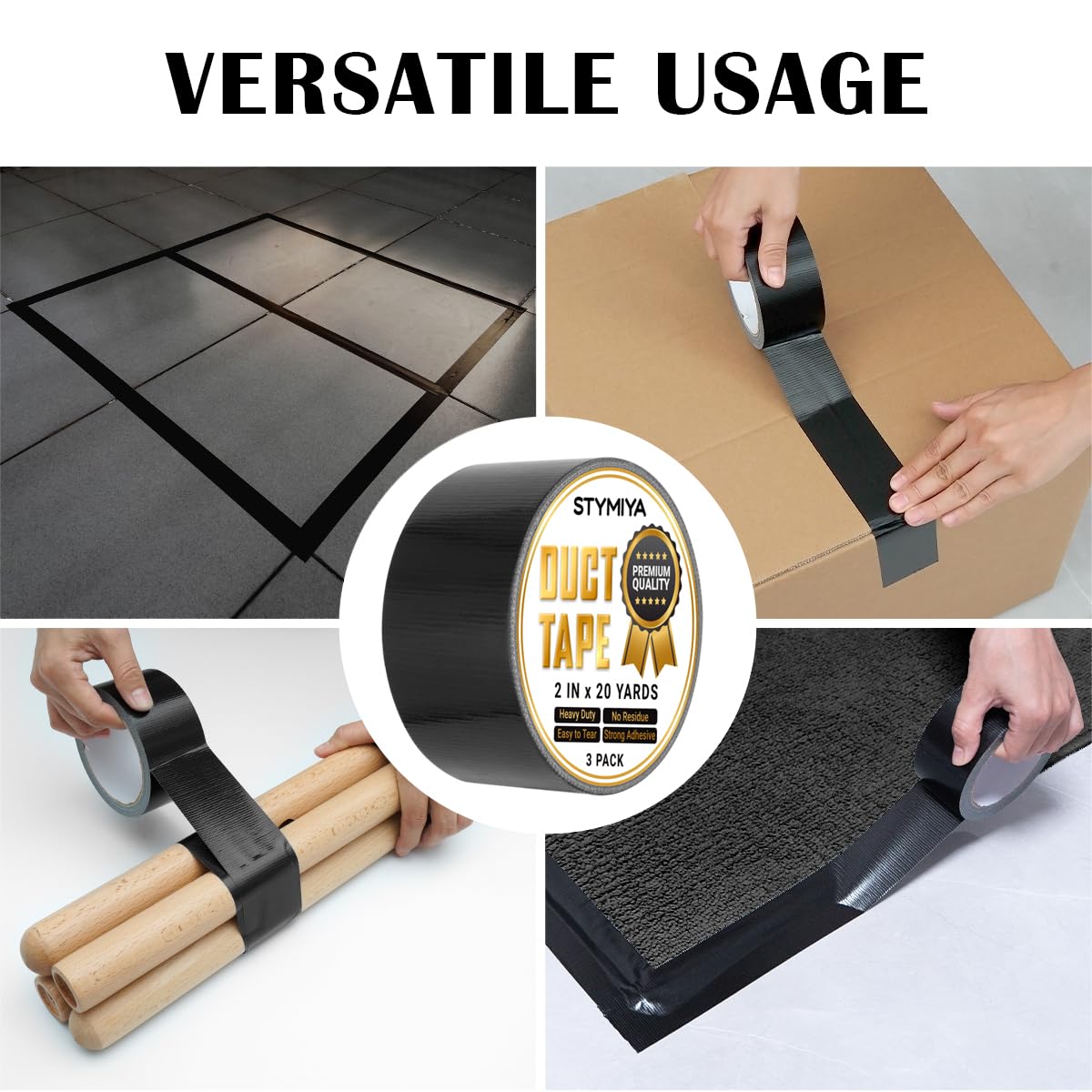 Black Duct Tape Heavy Duty: 3 Rolls 2''x20yd Wide Waterproof Outdoor Duck Furniture Repair Tape Bulk - Strong Adhesive Weather UV Resistant No-Residue Masking Tapes Patterns Variety Pack (Black)