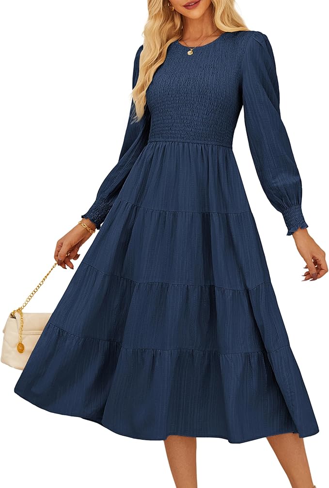GRACE KARIN Women's Fall Long Sleeve Dresses, 2025 Wedding Guest Midi Dress, Smocked A Line Flowy Dresses with Pockets