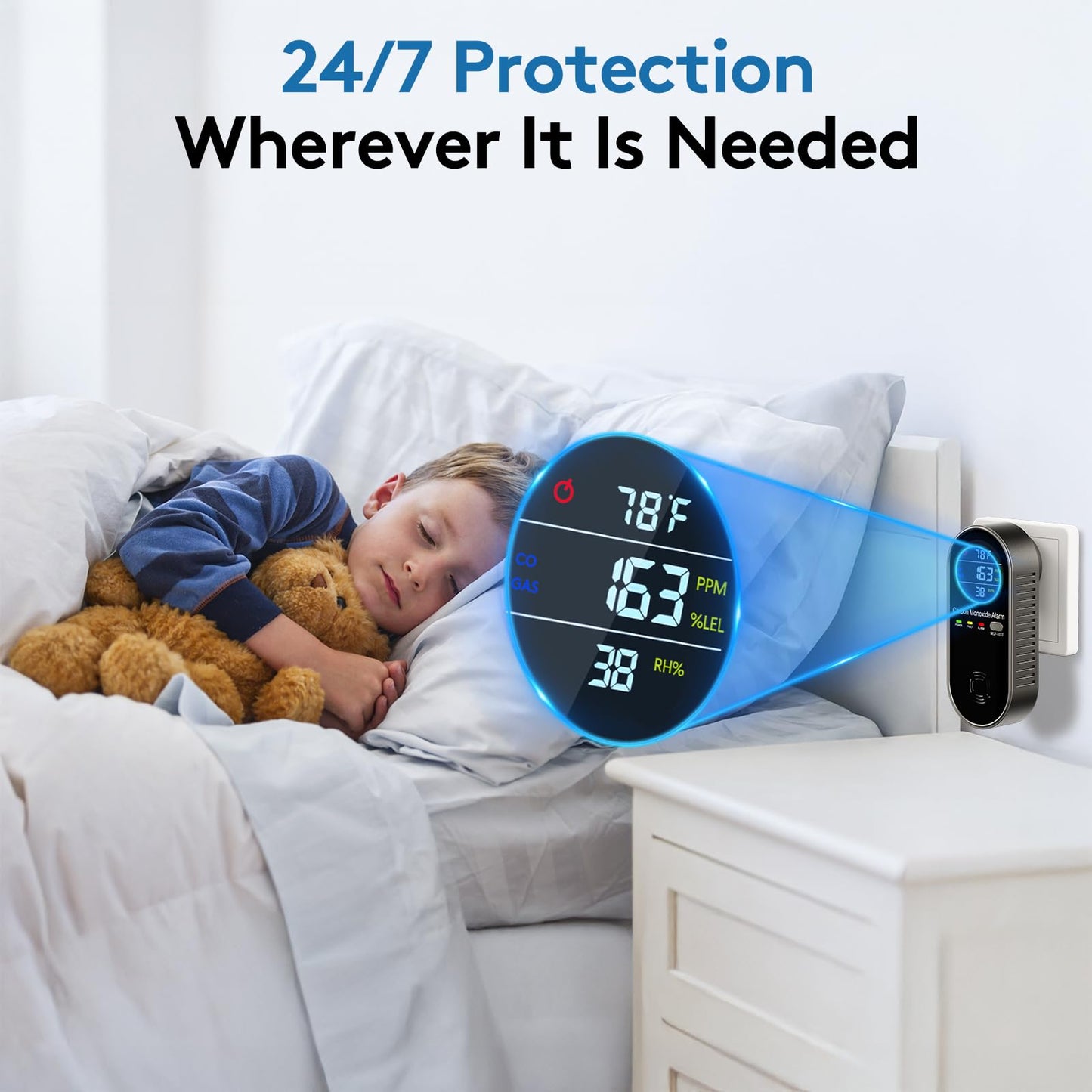 4-in-1 Plug in Combination Gas & Carbon Monoxide Detector, CO Alarm with Fahrenheit(°F) & Humidity LCD Display for Home and Travel (1 Pack)