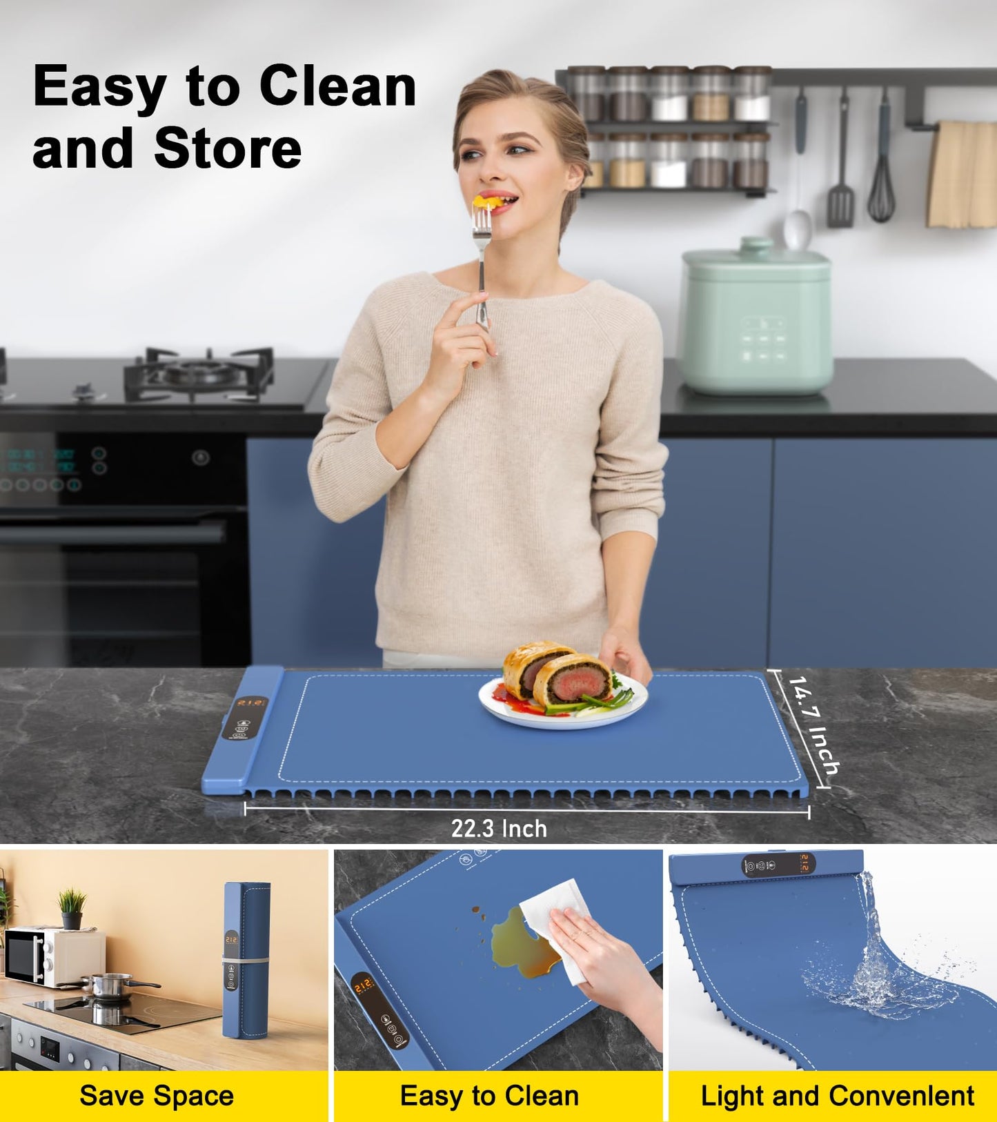 Warming Mat for Food, Electric Silicone Warming Tray for Buffet Party, 6 Temperature Settings, 5H Timer, Safety Lock, Foldable Plateful Food Warmer Mat for Countertop, Kitchen, Family
