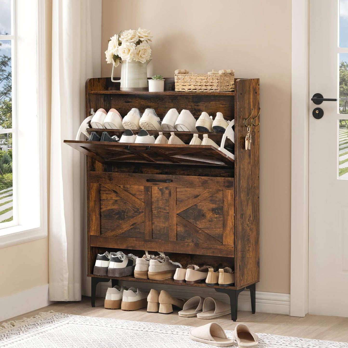 MAHANCRIS Shoe Storage Cabinet, Shoe Organizer with 2 Flip Drawers, Hidden Shoe Storage for Entryway, Freestanding Organizer with Open Storages, Rustic Brown SHHR9401N1
