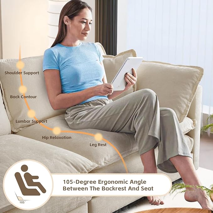 SoarFlash Chenille Sectional Sofa, Comfy Modular Loveseat Sofa, Modern 3-Seat Couch Deep Seat Sofa Set for Living Room,Light Coffee