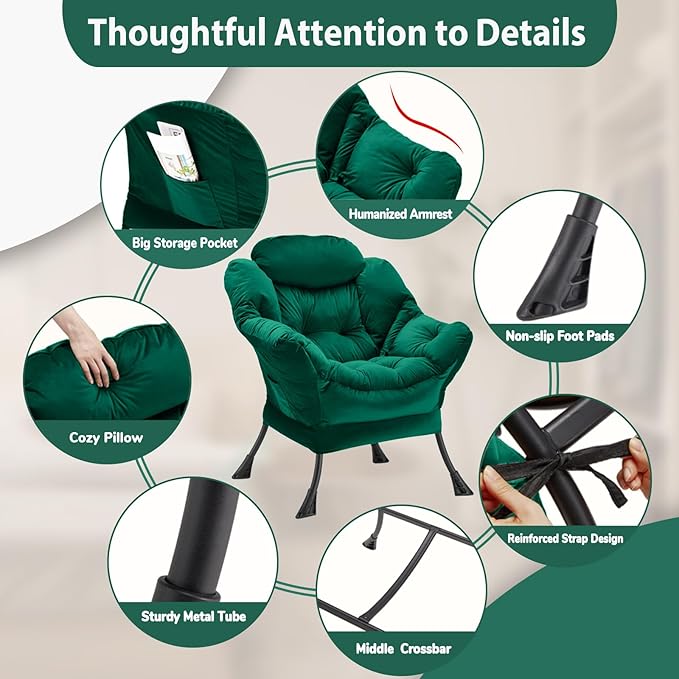 Youtanic Lazy Chair Thick Padded, Comfy Velvet Accent Lounge Chair with Stable Frame, Leisure Sofa Armchair with Armrests and Side Pocket, Reading Chair for Bedroom, Living Room, Office, Green
