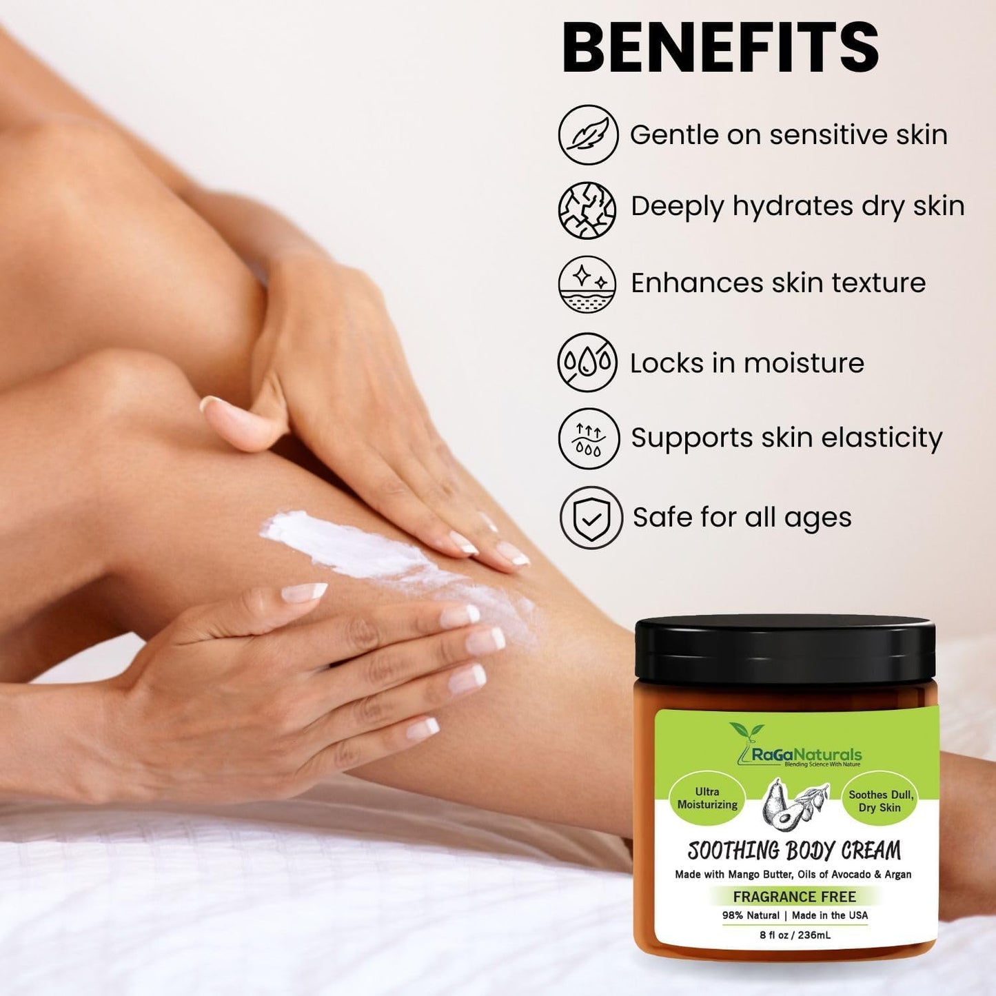 RaGaNaturals Natural Moisturizing Cream - Body & Face Moisturizer for Dry to Very Dry, Sensitive Skin - Unscented Body Cream wit
