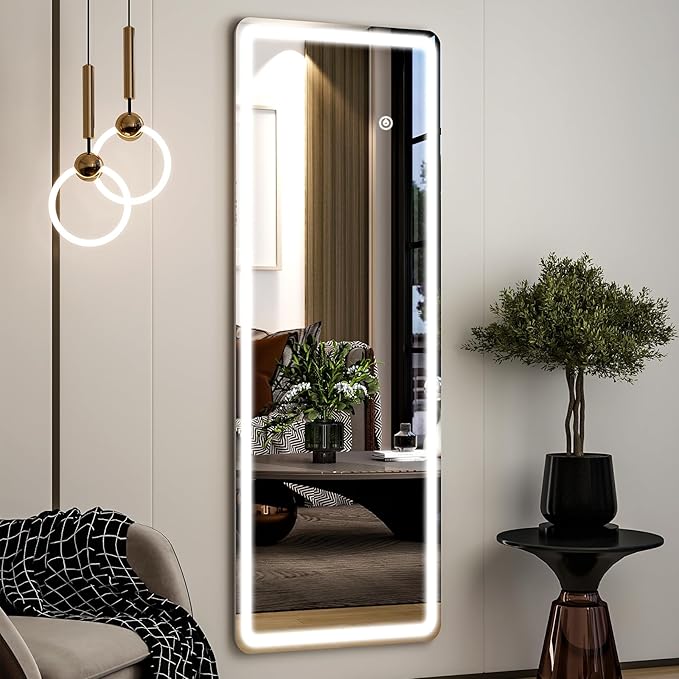 Full Length Mirror - 16" x 60" Mirror Full Length with LED Lights Adjustable Screen Brightness, Wall Mounted or Freestanding, Full Body Mirrors for Bedroom, Living Room, Cloakroom,Salon