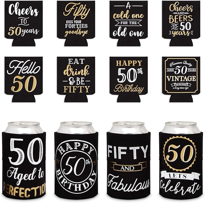 Sparkle and Bash 50th Birthday Can Cooler Sleeves - Medium, Black & Gold, 12-Pack - Insulated Neoprene Holder for 12 Oz Ca...