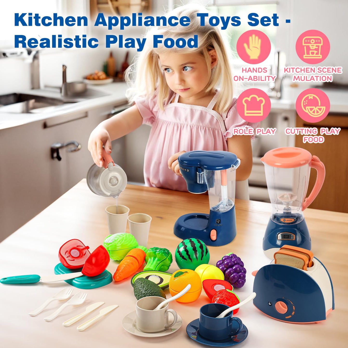 TOY Life Kids Blender Toy, Kids Coffee Maker, Toy Toaster, Toy Kitchen,Play Kitchen Appliances Kids with Light and Sound, Play Coffee Maker for Toddlers, Learning Kitchen Toys Gift for Grils Boys