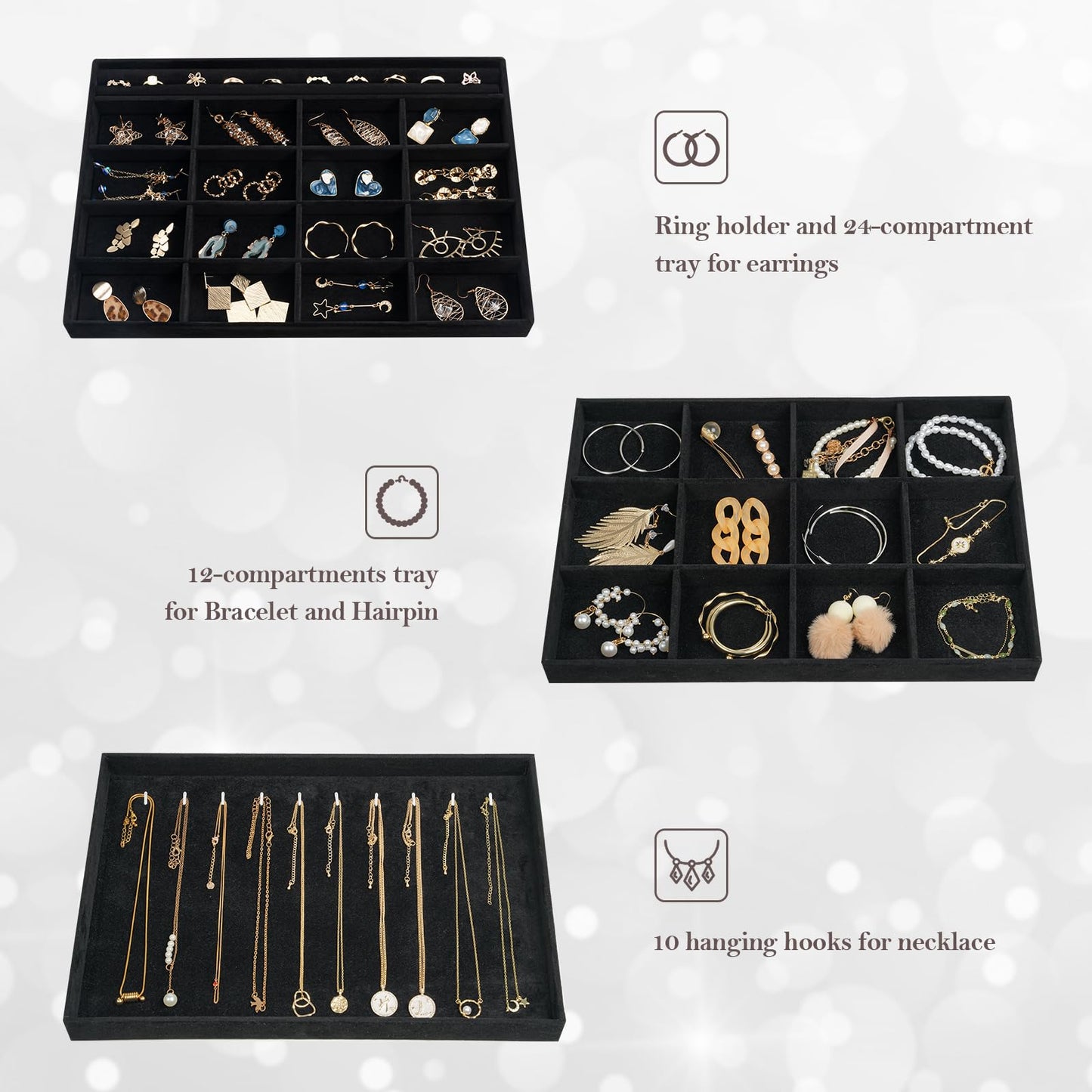 ProCase Stackable Large Jewelry Drawer Organizer, 3 Pack Velvet Jewelry Organizer Tray with Removable Dividers for Earring Neckl