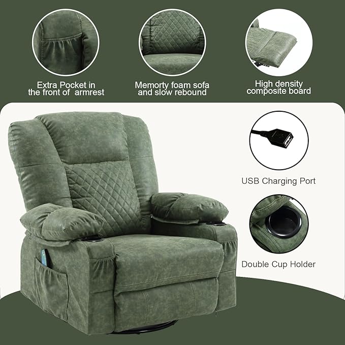Comermax Massage Recliner Chair with Heat, 360° Swivel Rocker Recliner Chair with Cup Holders, 150° Recline PU Leather Recliner for Living Room, Dark Green