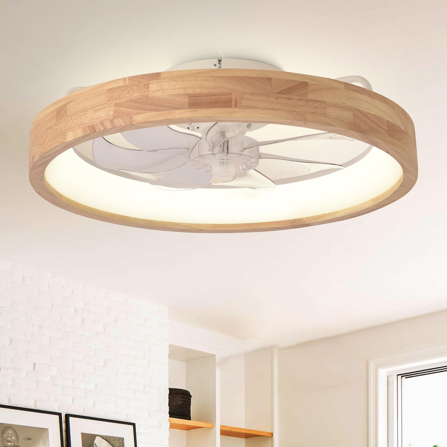 Curve Curio 20'' Low Profile Ceiling Fans with Lights Modern Flush Mount Wood Ceiling Fan and Remote Dimmable LED