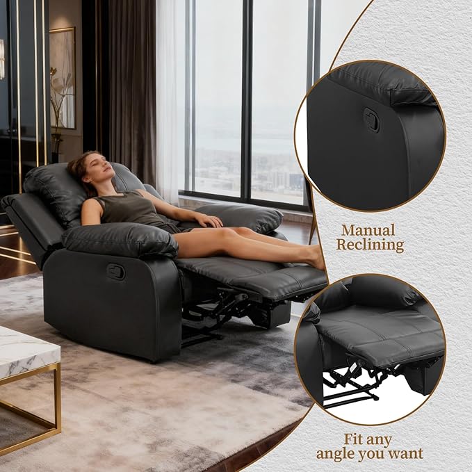 Saxum Tegmen Living Room Furniture Sets, Sectional Leather Sofa Set, Adjustable Recliner Chair with Manual Button for Living Room/Office (Chair, Black Leather)