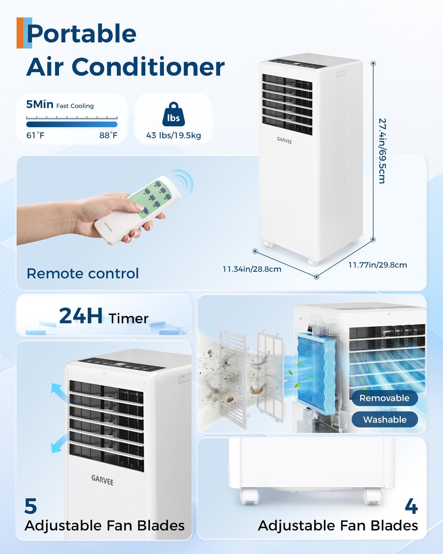 Garvee 8000 BTUs Portable Air Conditioner for 350Sq.Ft Max.Remote Control 48dB Portable AC Unit, Dehumidifier, Fan, Sleep, 24H Timer&Installation Kit, DOE Certified, Ceer 6.2,White White
