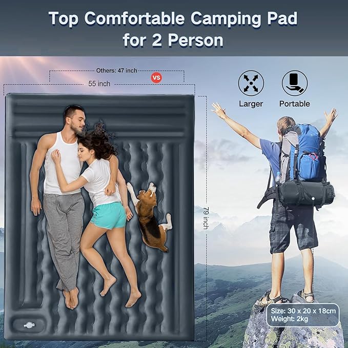 Double Sleeping Pad Camping, Self Inflating 6'' Extra-Thick 2 Person Pillow Built-in Foot Pump Waterproof Inflatable Sleeping Mat Backpacking, Tent, Hiking, Portable Camping Pad (Grey)